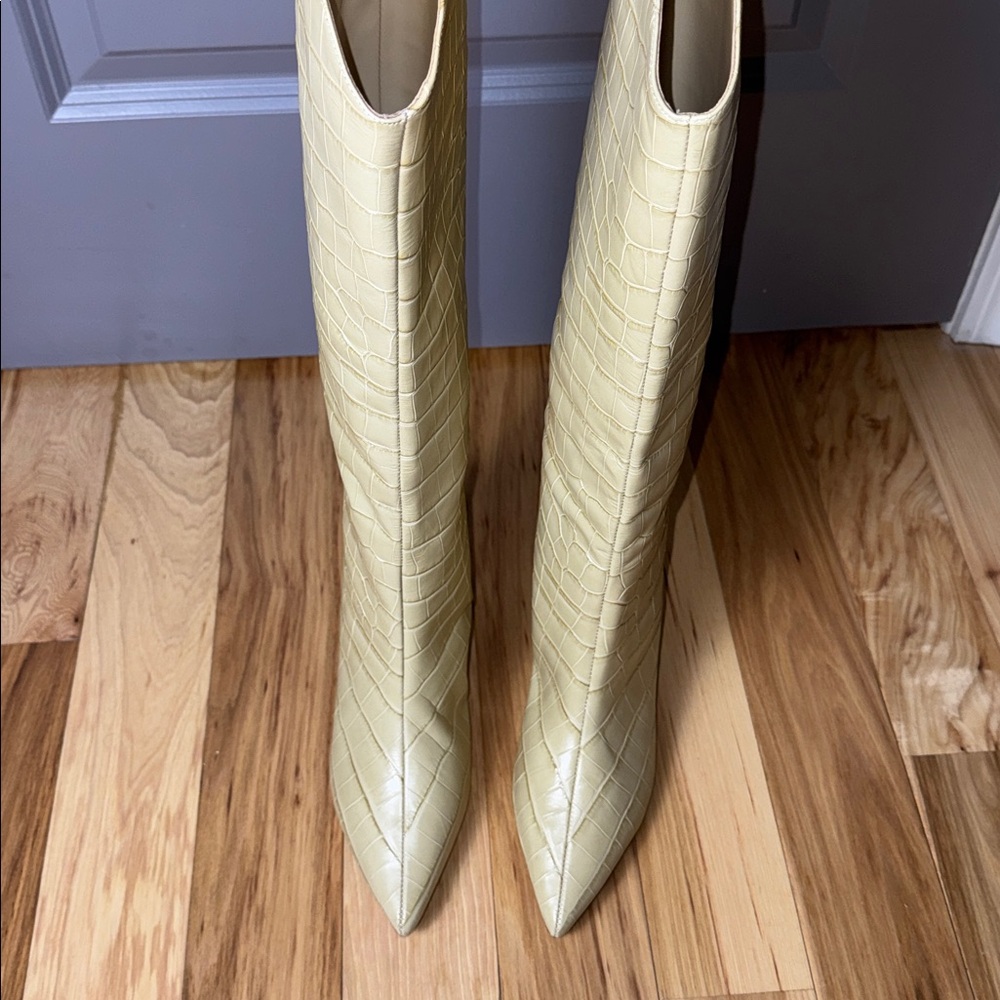 Schutz Maryana Knee High Boots Croc Embossed Cream Almond Heel Pointed Toe - Picture 5 of 9